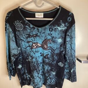 Cactus Bay Size XXL Ribbed Knit Tee Top Tribal Horse Embellished Southwestern